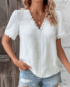 Dames kanten top lichte casual wear - elegante witte blouse met korte mouwen voor elke gelegenheid