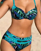 2-delige hoge taille bikini set - tropical leaf print dames zwemkleding