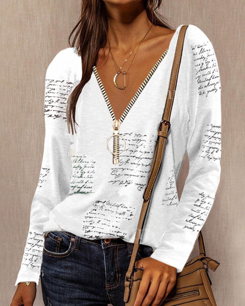 Dames v-hals blouse met ritsdetail - casual lange mouwen top