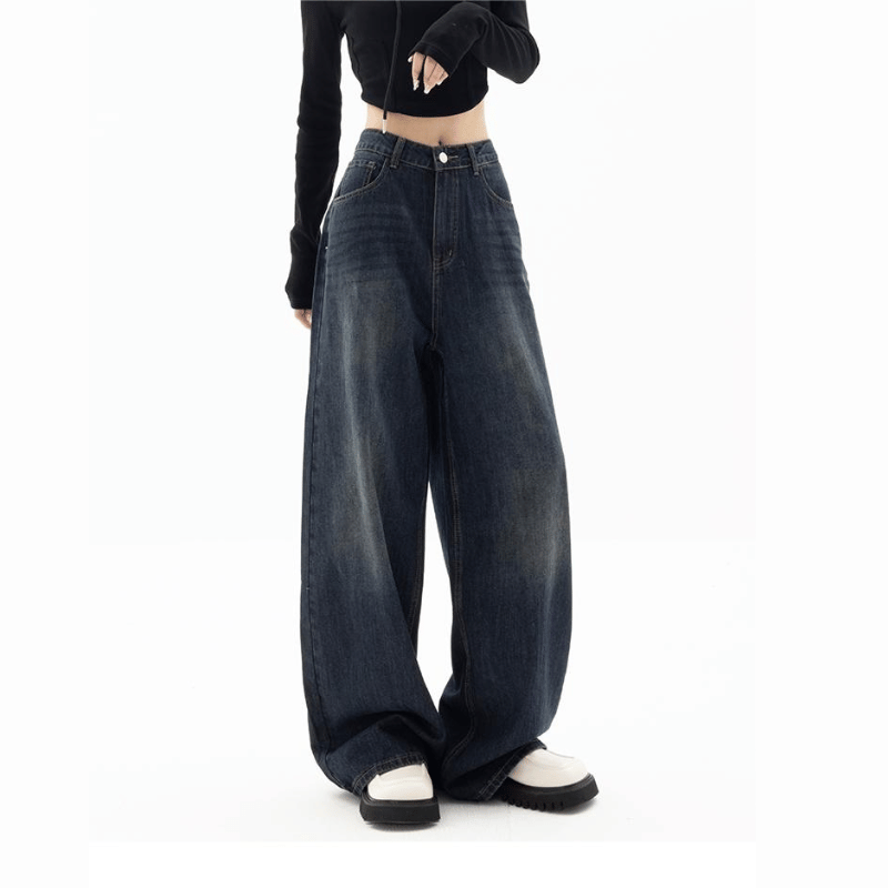 Dames wijde pijpen jeans met relaxte pasvorm - donkerblauw casual kleding - stretched denim broeken voor de hele dag