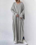 Dames oversized pullover jurk - gezellige casual wear - stijlvolle lange mouw v-hals maxi jurk voor dagelijks gebruik