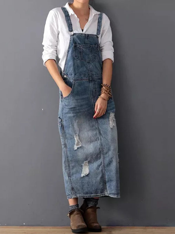 Dames verouderde denim tuinbroek jurk - cosy maxi stijl voor casual uitjes