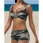 2-delige dames zwemkleding camouflage bikini set - hoge taille shorts voor zonovergoten dagen