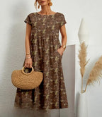 Bloemenprint maxi jurk voor dames - casual met elegante korte mouwen en handige zakken
