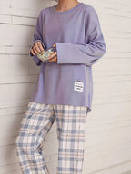 2-delige dames loungewear set - lange mouw top en geruite broek