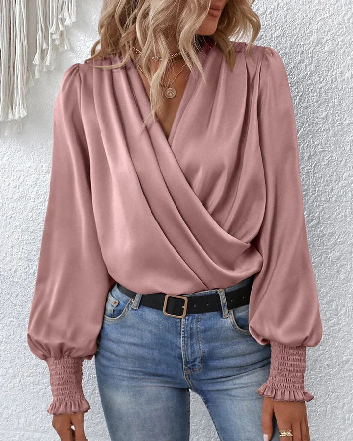 Dames wikkelblouse - elegante gedrapeerde blouse met lange mouwen