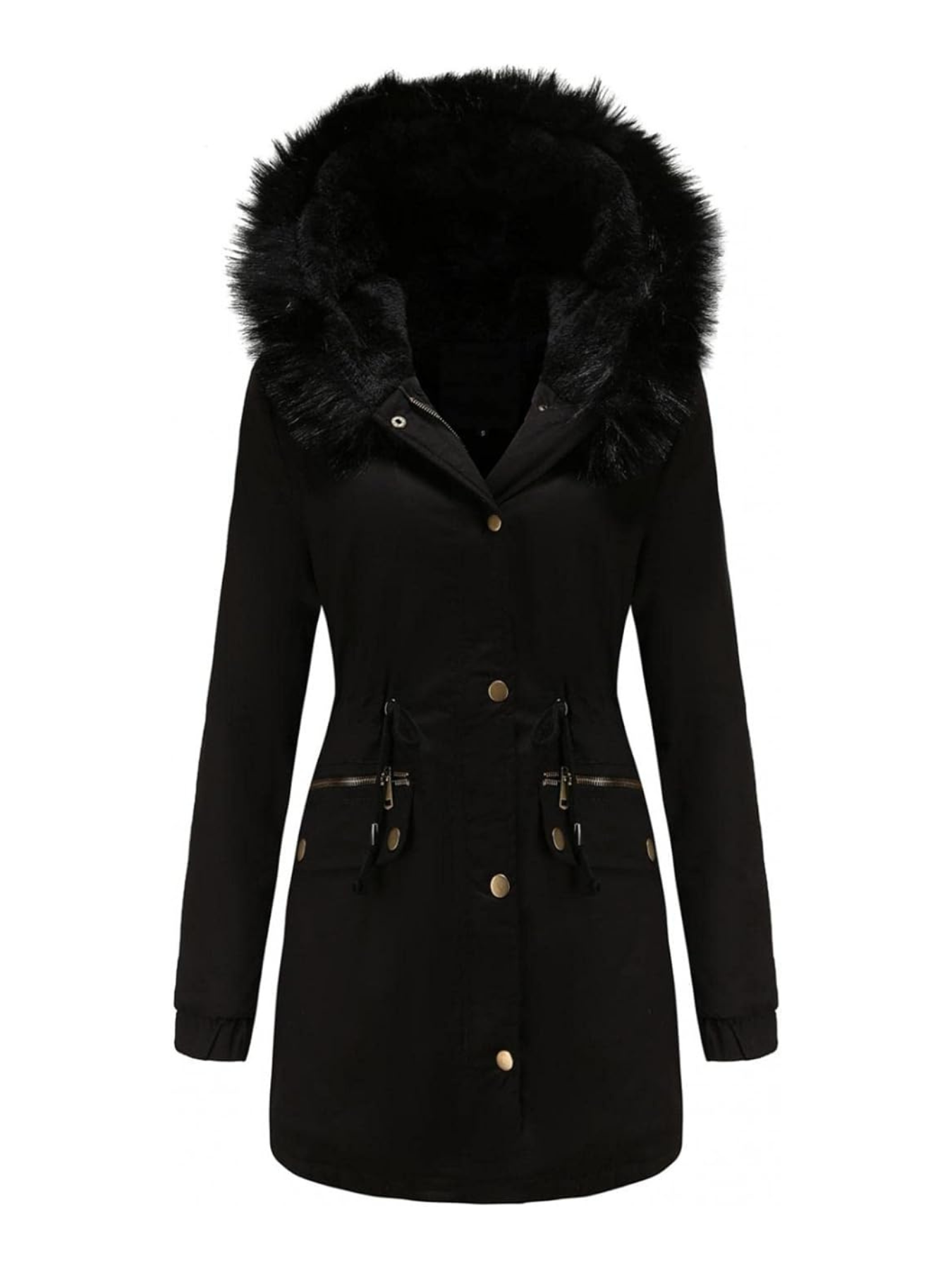 Zwarte bont winterjas voor dames - met capuchon en zakken - Bakkermode.nl