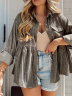 Dames corduroy shirt jack - stijlvolle grijze gelaagde look voor casual outfits