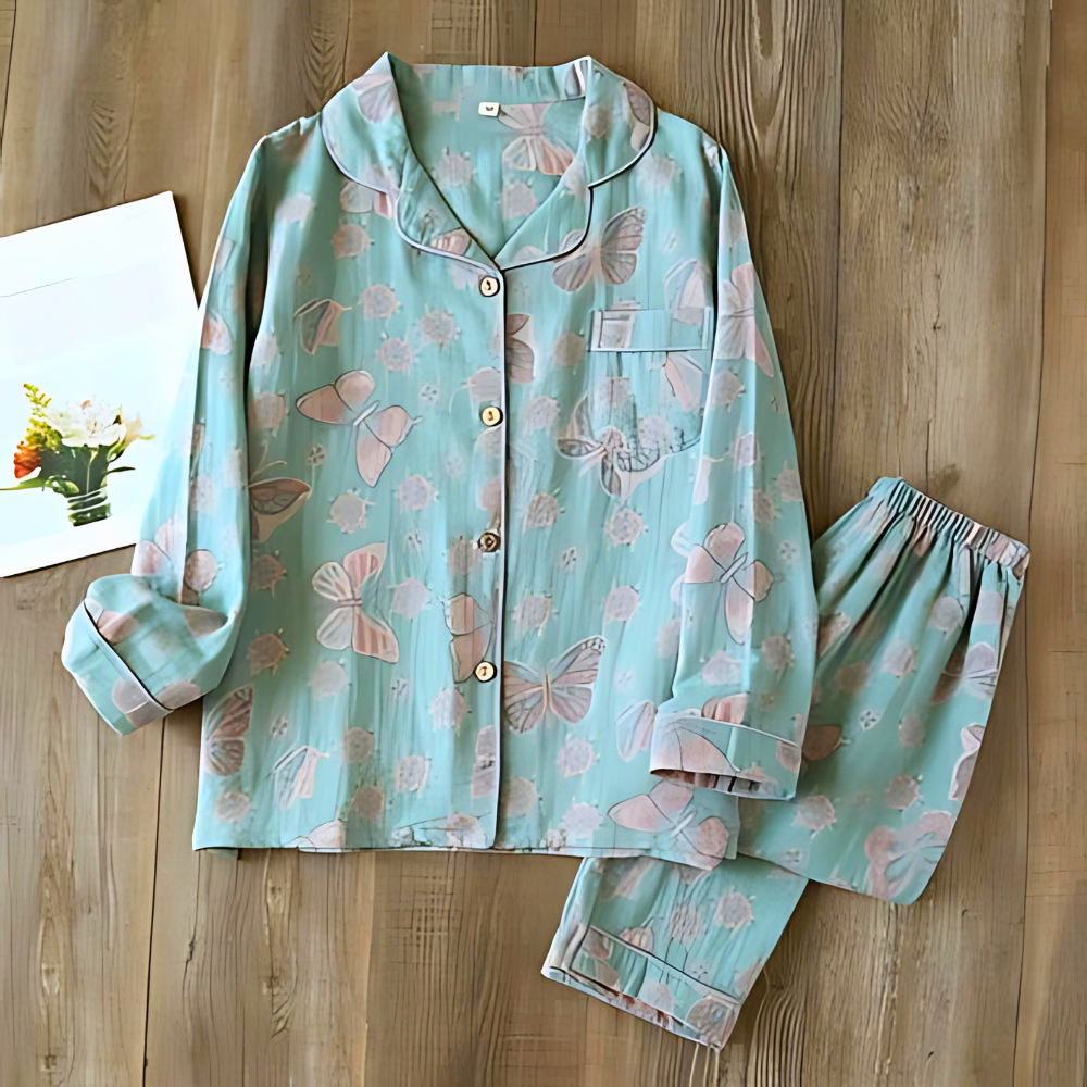 2-delige dames pyjama set katoen met vlinderprint voor ontspanning - gezellige loungewear voor de avonden thuis