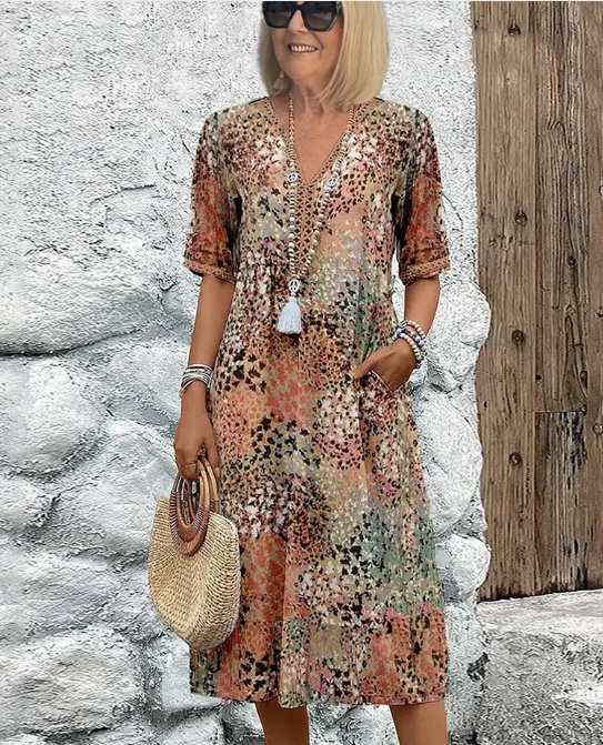 Zomerjurk voor dames in een lichte linnenmix - ontspannen v-hals ontwerp voor zomerse uitjes