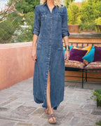 Dames denim shirt jurk - veelzijdige maxi jurk met lange mouwen voor casual en chiquere gelegenheden