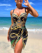 Zwart badpak met kettingprint en omslagdoek - Bakkermode.nl