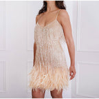 Cocktailjurk - elegante fringe en veren detail damesjurk