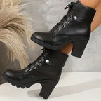 Leren enkellaarzen dames met veters – plateau blokhak laarsjes - Bakkermode.nl