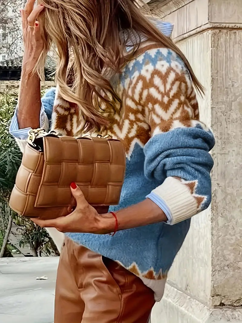 Gezellige fair isle hoge nek trui - blauwe gebreide jumper voor dames - Bakkermode.nl