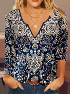 Bloemenprint tuniek - dames blouse met lange mouwen en v-hals