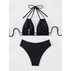 2-delige dames bikini set met hoge taille en halternek - zachte stretch stof voor ontspannen stranddagen