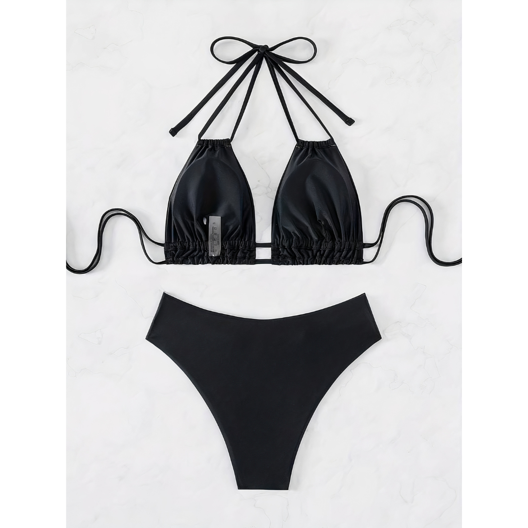 2-delige dames bikini set met hoge taille en halternek - zachte stretch stof voor ontspannen stranddagen