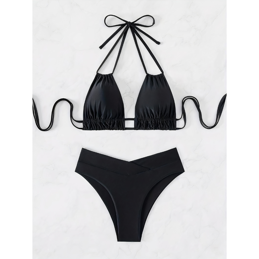 2-delige dames bikini set met hoge taille en halternek - zachte stretch stof voor ontspannen stranddagen