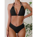 2-delige dames bikini set met hoge taille en halternek - zachte stretch stof voor ontspannen stranddagen