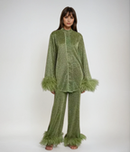 2-delige damespyjama elegante lounge set met verenrand - ontspannen avondkleding