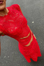 2-delige damesfeestjurk elegante kanten outfit - rode crop top en rok set voor speciale gelegenheden