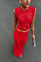 2-delige damesfeestjurk elegante kanten outfit - rode crop top en rok set voor speciale gelegenheden