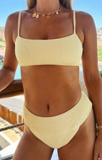 2-delige dames zwemoutfit met hoge taille - vrolijke gele strandkleding voor zomerse momenten