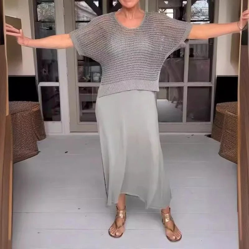 2-delige casual jurkset voor vrouwen - trendy gebreide top en vloeiende rok voor dagelijkse stijl