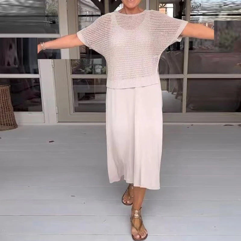 2-delige casual jurkset voor vrouwen - trendy gebreide top en vloeiende rok voor dagelijkse stijl