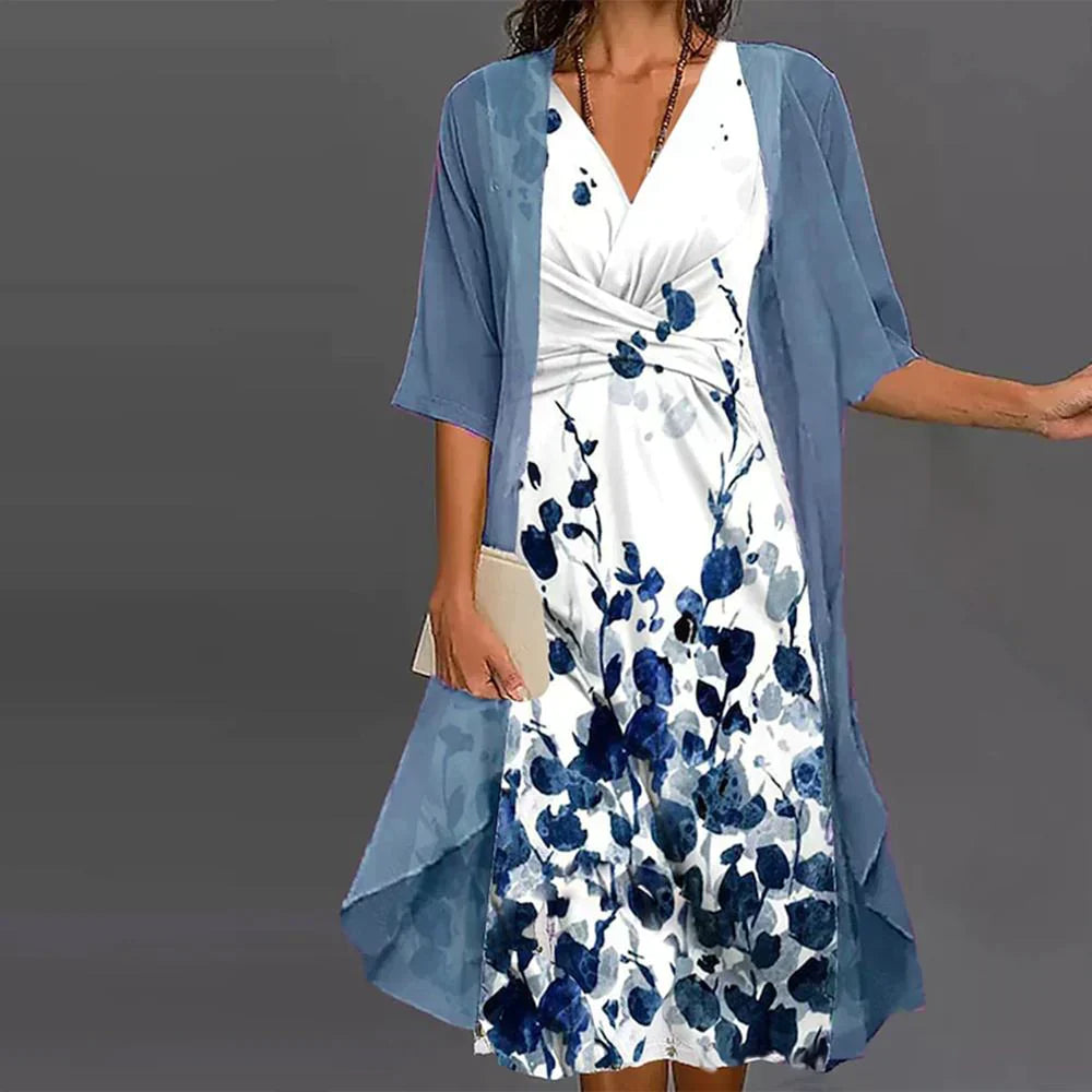 2-delige casual jurk voor vrouwen met bloemenprint – midi dress met jack in blauw en wit voor de zomer