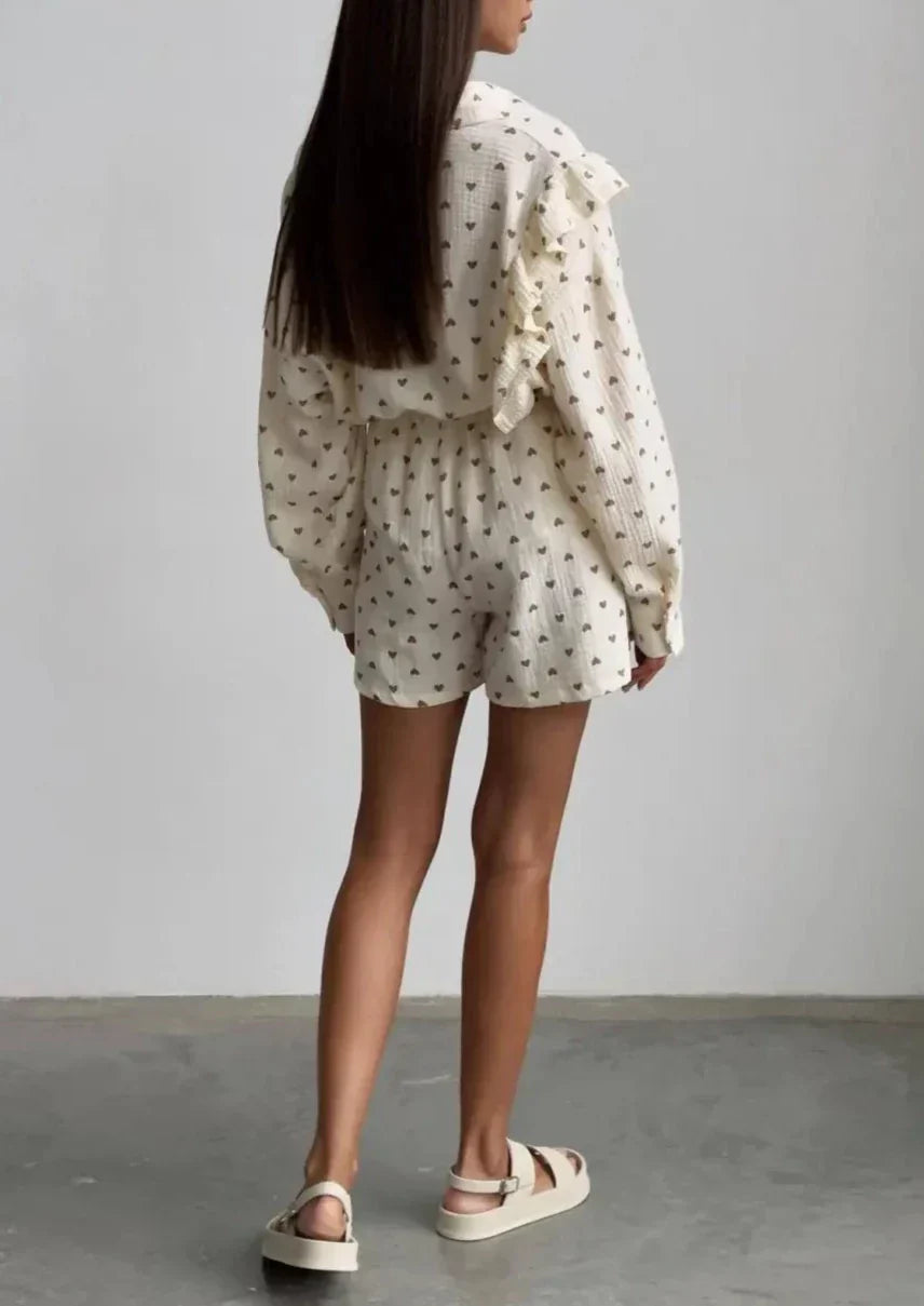 2-delige dames co-ordset - stijlvolle luchtige top en rok in een beige print voor zomerse uitjes - trendy mode voor dames