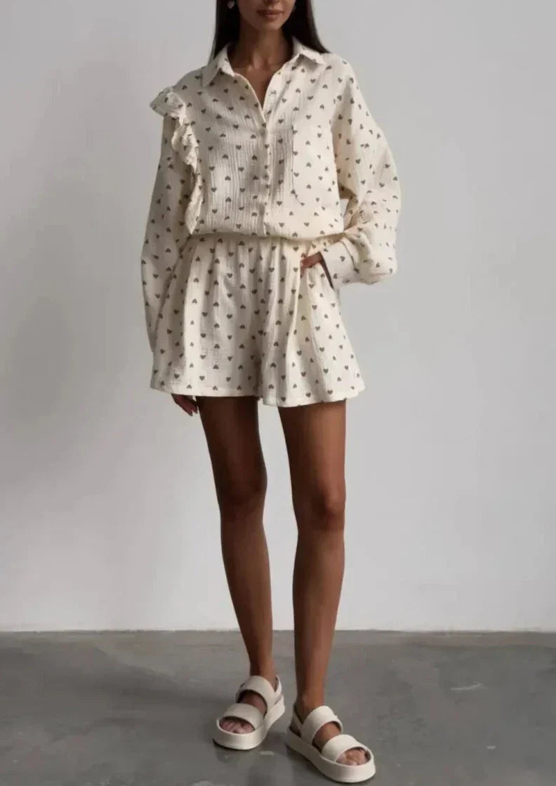 2-delige dames co-ordset - stijlvolle luchtige top en rok in een beige print voor zomerse uitjes - trendy mode voor dames