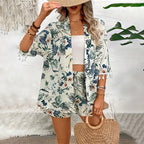 2-delige damesoutfit met bloemenprint - elegante groene zomer shorts & open cardigan set