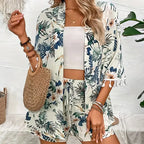2-delige damesoutfit met bloemenprint - elegante groene zomer shorts & open cardigan set