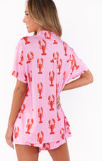 2-delige dames pyjama set van zachte jersey loungekleding - speelse roze kreeftenprint