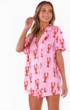 2-delige dames pyjama set van zachte jersey loungekleding - speelse roze kreeftenprint