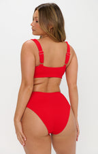 2-delige dames zwemset ribbed bikini in vurend rood - trendy beachwear voor de zomer