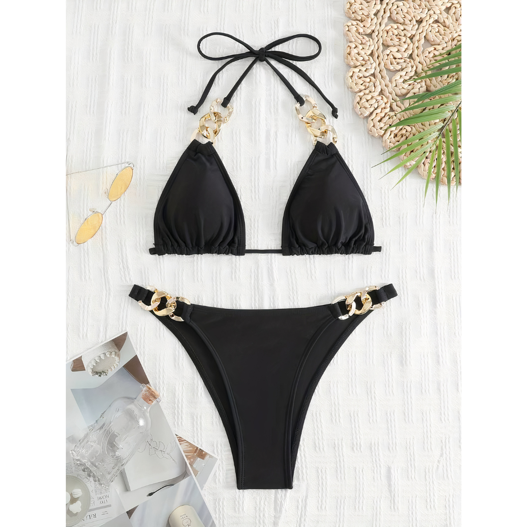 2-delige dames bikiniset met driehoekige cups - elegante stijl met gouden accenten - voor strandvakanties en poolparty's