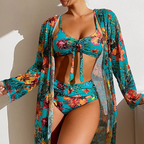 3-delige vrouwen bikini set met tropische print - hoge taille zwemkleding met sheer cover-up voor zonnige stranddagen