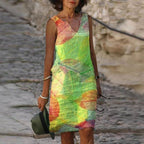 Zomerse casual jurk met bladerenprint - mouwloos a-lijn ontwerp voor tuinfeesten en stranduitstapjes