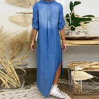 Dames denim maxi jurk met zijsplitten - trendy blauwe casual wear voor elke dag