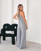 Dames jumpsuit met spaghetti bandjes - relaxte grijze casual outfit met handige zakken
