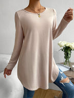 Lichtbeige lange mouwen top - casual dames t-shirt met gebogen zoom