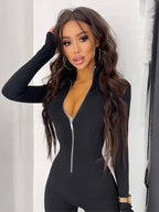 Dames lange mouw jumpsuit met rits in zwart - stijlvolle casual outfit voor elke dag