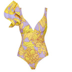 Geel bloemen badpak met ruches - Bakkermode.nl