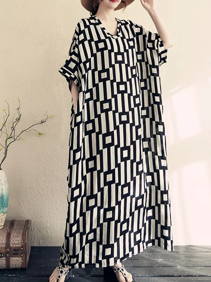 Maxi-jurk - moderne zwart-witte patroon jurk voor dames