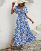 Blauwe bloemen maxi jurk - zomer jurk voor dames met splitten