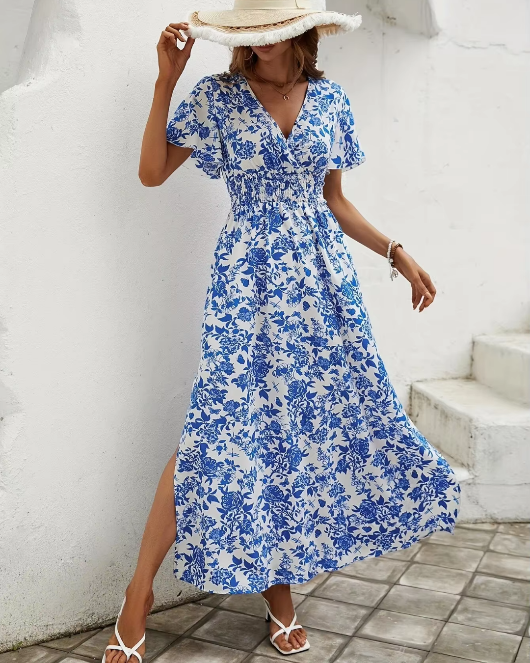 Blauwe bloemen maxi jurk - zomer jurk voor dames met splitten