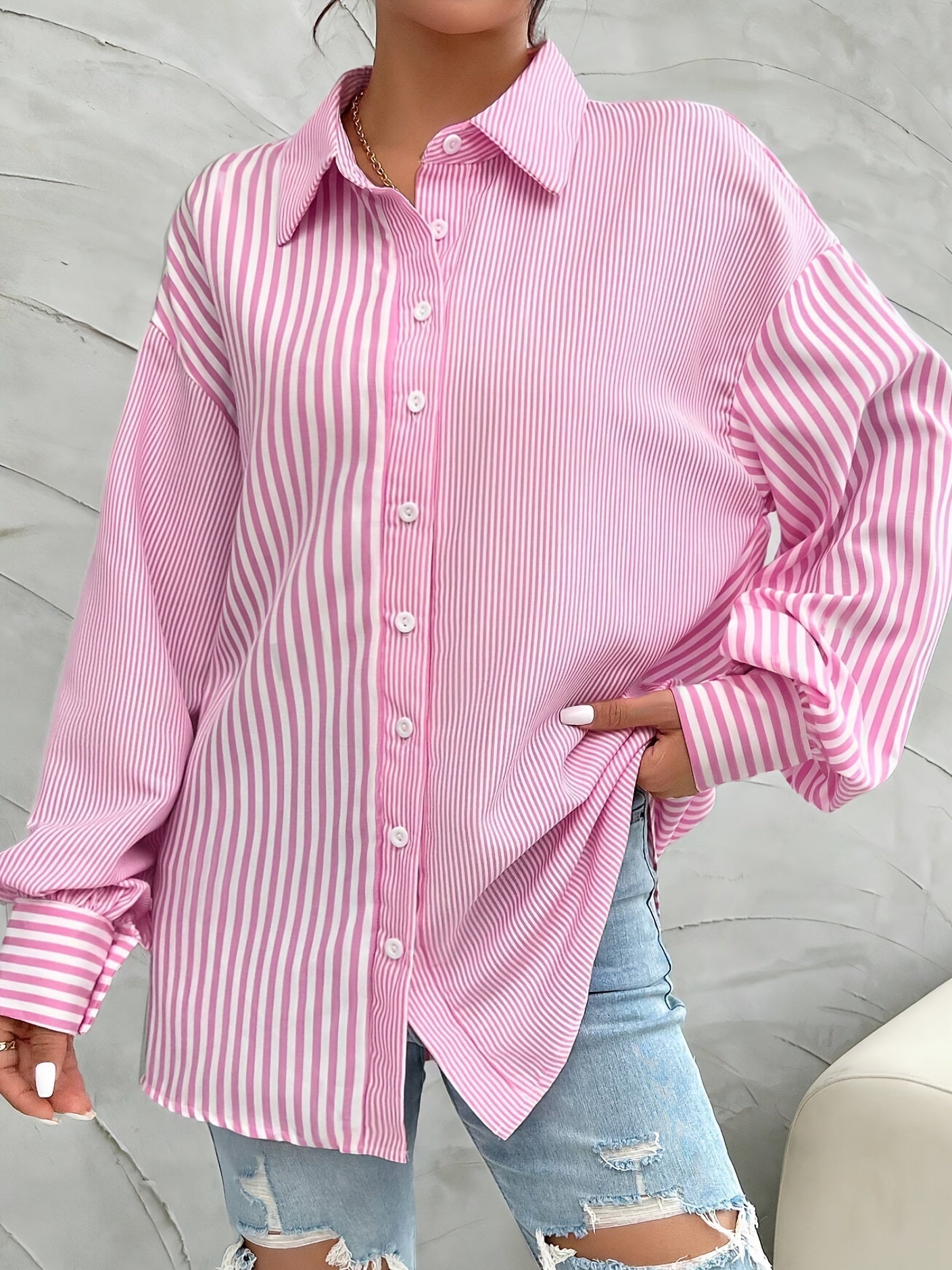 Roze gestreepte blouse - modieuze dames button-up top